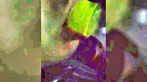 Blurry pixelated green and purple abstract collage with no visible action