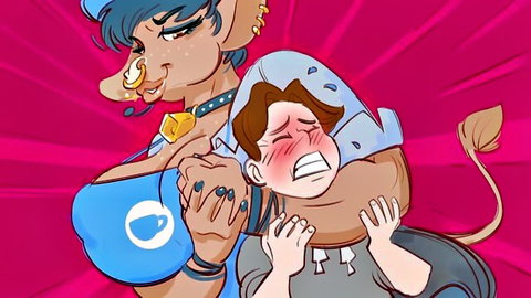 Alt minotaur barista with big tits bullies scared male customer in dominant hug animation