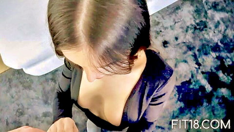 POV of skinny teen brunette exposing small tits cleavage in tight black dress