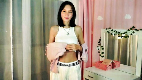 Kristanalosa shy Asian teen in white tank top and mini skirt Chaturbate solo