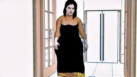 Curvy Indian aunty in sexy black dress with orange accents