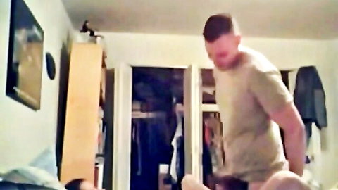 Two muscular army buddies fucking bareback in bedroom