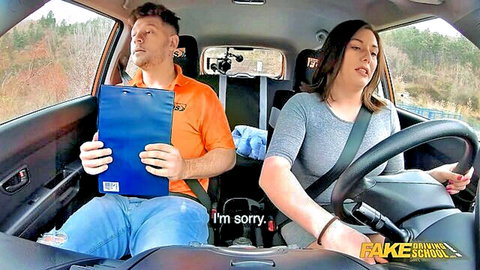 Busty brunette driver seduces examiner in Fake Driving School car ride