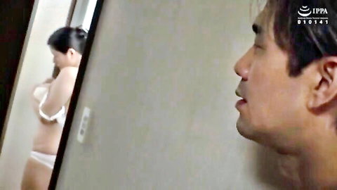 Asian woman in white lingerie poses as man peeks voyeuristically