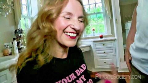 Molly We smiling in army mom t-shirt, amateur Private Society scene
