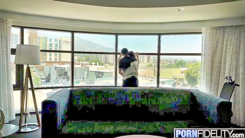 Aderes Quin hugged from behind by window in intimate POV embrace