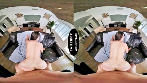 Big ass curvy brunette MILF spreads shaved pussy sitting on POV cock reverse cowgirl on couch VR