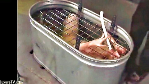 Bound slut punished in metal grill tub, legs spread for BDSM kebab play