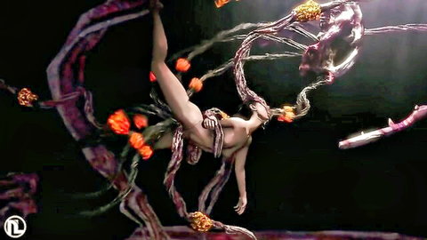 3D animated teen fantasy girl entwined in tentacles, nude and exposed