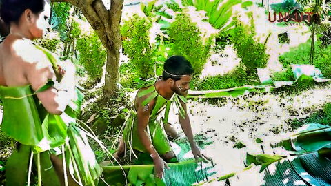 Desi village boy and girls outdoor fun in traditional green skirts