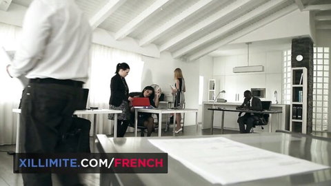 Busty secretary in office group scene with double penetration tease
