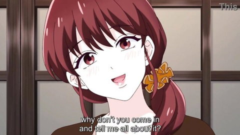 Anime redhead girl smiling invitingly in hentai scene