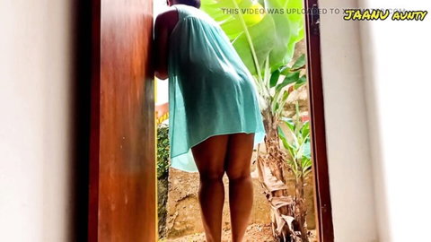 Curvy Indian Aunty Jaanu teasing in sheer blue dress, big ass view
