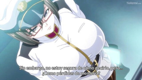 Busty hentai girl in military uniform and glasses, shocked expression