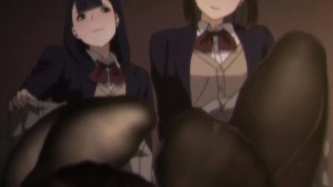 Two anime schoolgirls in uniforms showing legs in black tights