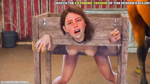 Brunette woman nude and bound in wooden stocks near horse