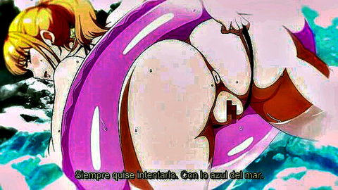 Blonde anime MILF in swimsuit posing with big ass over pink floatie poolside