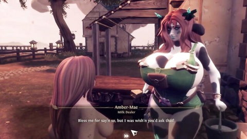 Busty cow-themed Amber milk dealer in fantasy game with pink-haired character