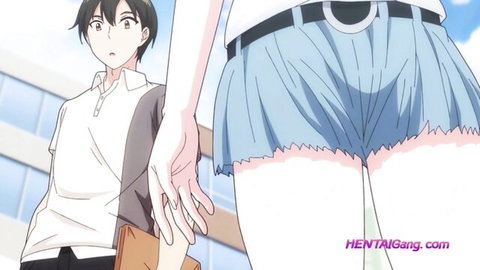 Hentai upskirt of Lilith's huge thighs and ass in blue skirt after climax
