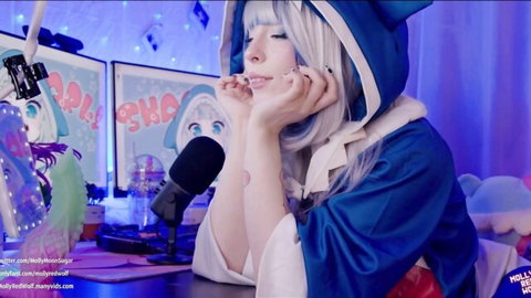 MollyRedWolf as seductive Gawr Gura in blue cosplay hood, teasing pose