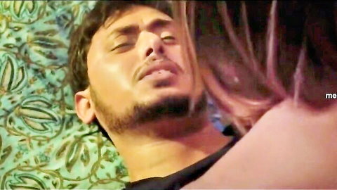 Busty Indian BBW in intimate embrace with lover on bed