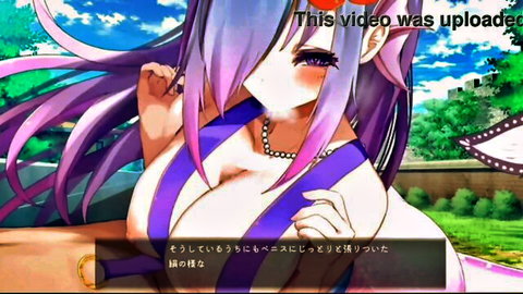 Seductive anime babe Ash with purple hair and big tits in teasing pose