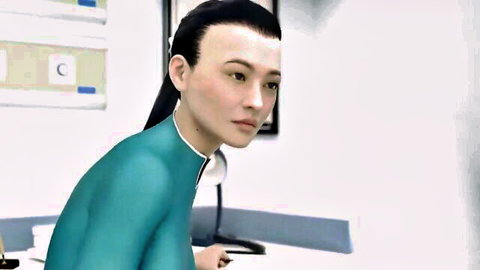 3D CGI Asian nurse in tight shiny teal bodysuit posing seductively in medical room