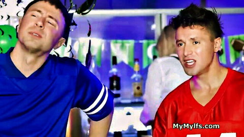 Two women in jerseys tag team bartender in lesbian threesome scene