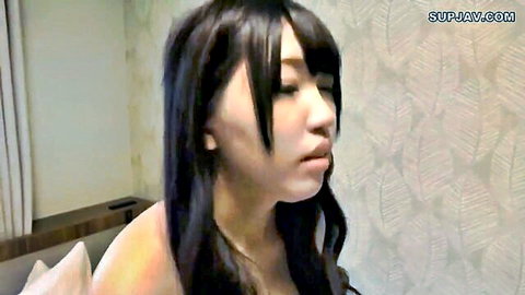 Japanese long hair babe with bangs side profile open mouth teasing blowjob