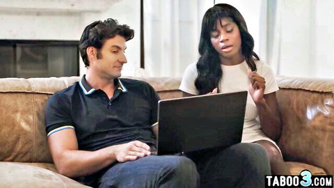 Nicole Kitt ebony porn addict seduces man with laptop on couch