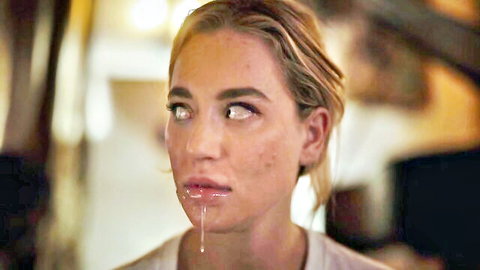 Kendra Sunderland with drool dripping from her lips in intense oral scene
