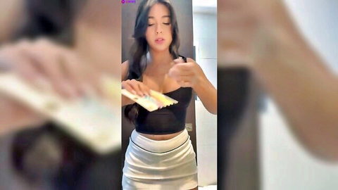 Aishah Sofey hot livestream talking, holding cash in crop top and mini skirt