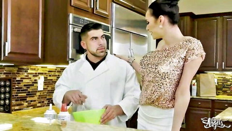 TS Kimberlee in sparkly top and skirt with chef in kitchen roleplay