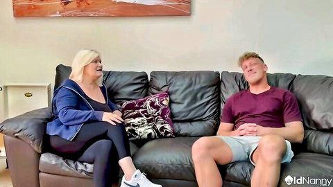 Lacey Starr blonde MILF in blue top chats with young stud on couch