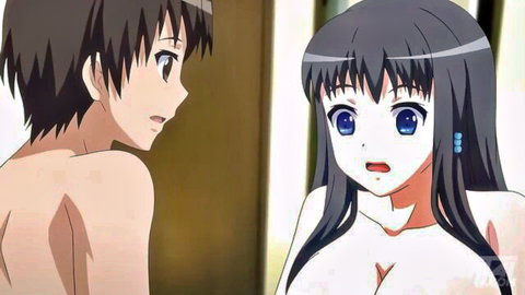 Hentai cutie with big boobs surprised by shirtless guy in steamy anime scene