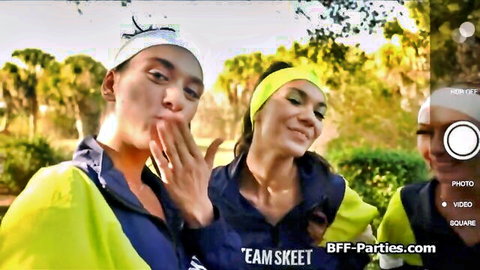 Asian jogger besties in athletic wear sharing stranger's big penis outdoors