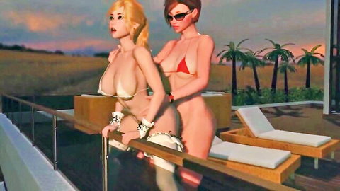 3D redhead shemale anal fucks blonde futanari tranny at sunset
