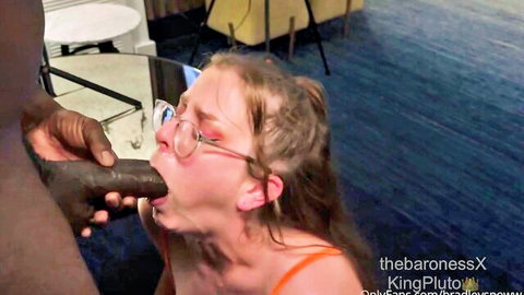 TheBaronessX with glasses sucking BBC in slutty hotwife threesome