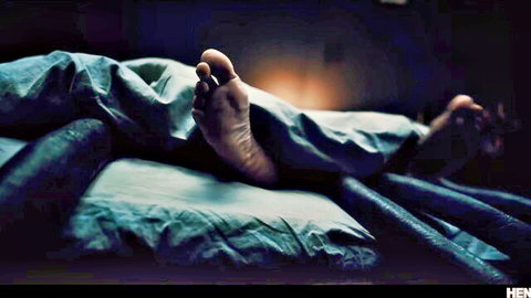 Barbie Rous foot peeking from under sheets in dark Hentaied scene