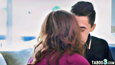 Brunette stepmom passionately kissing young stepson in taboo forbidden embrace