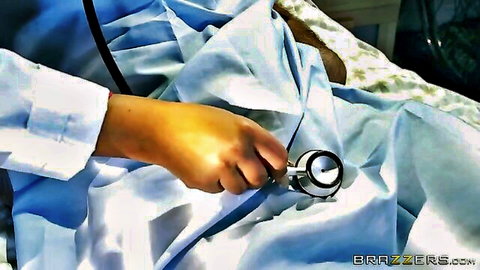 Blonde doctor examines patient with stethoscope in sexy medical roleplay