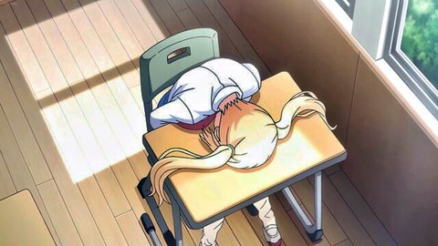 Anime schoolgirl with long white hair sleeping face down at desk in uniform