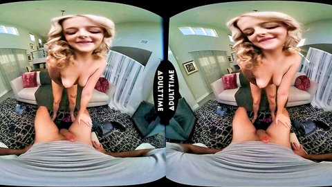 Skinny blonde teen with small tits spreads wet pussy over hard cock in VR POV
