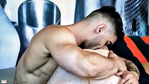 Summer Day muscular trans model in intense shirtless gym pose