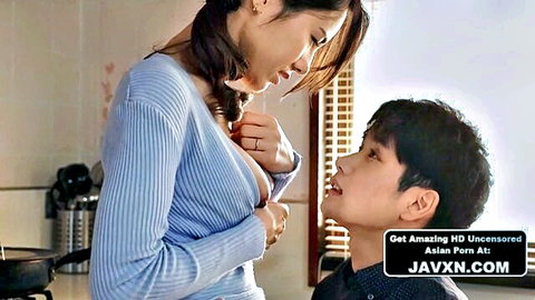Beautiful Asian stepmom exposes perky tits to stepson in intimate moment