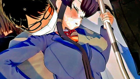Busty hentai schoolgirl in glasses groped by masked man fondling her huge tits on crowded train