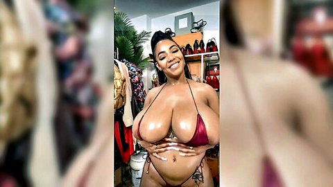 Curvy ebony babe smiling while squeezing her massive natural tits in tiny red micro bikini
