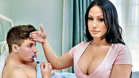 Stepmom tenderly cares for stepson, checking fever with cleavage-revealing top