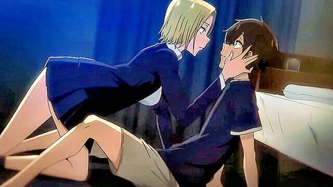 Anime blonde schoolgirl in uniform straddling boy intimately on bed