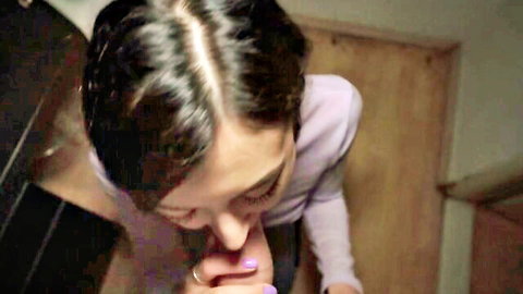 Cute small Russian girl in purple top gripping massive cock POV closeup